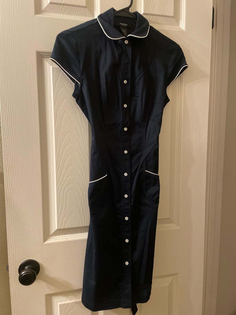 Express Stretch Navy Blue Shirt Dress with White Piping Size 1/2